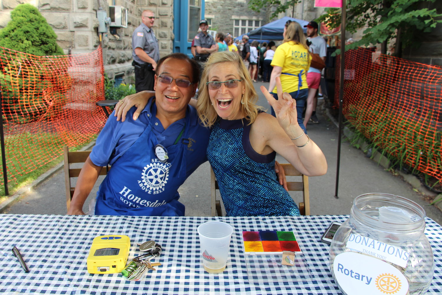 Honesdale Rotarians Jim Mould and Karen Mander welcomed guests to the Rotary’s Beer Garden in 2018. All are welcome again this year.